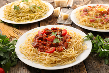 assorted spaghetti with sauce and ingredient