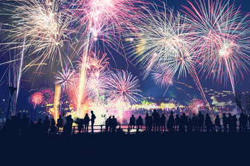 Fototapeta na wymiar Background festive New Year with fireworks. New Year fireworks. People celebrate New year day