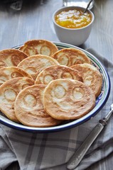 Pancakes Smileys with honey, fruit jam and tea