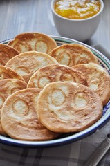 Pancakes Smileys with honey, fruit jam and tea