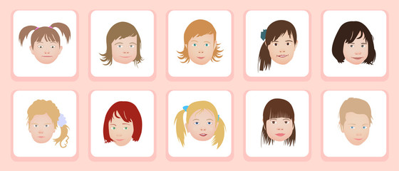 A set of kids head icon collection isolated on white background. Little girls avatars. Children characters profile pictures. Freely editable vector images.