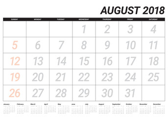 August 2018 planner calendar vector illustration