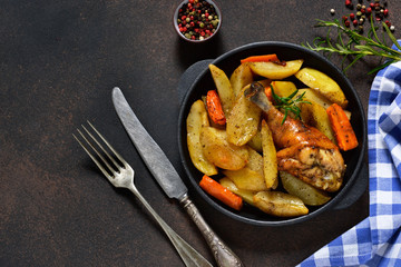 Homemade dinner. Chicken baked with potatoes, carrots with herbs on a dark background.