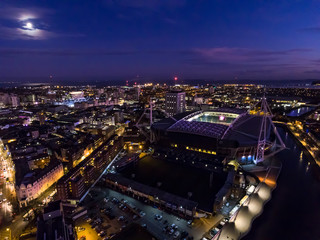 Aerial  view of Cardiff city centre and the bay area at night.