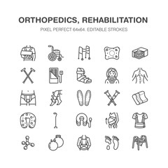 Orthopedics, trauma rehabilitation line icons. Crutches, mattress pillow, cervical collar, walkers, medical rehab goods. Health care thin linear signs for clinic and hospital. Pixel perfect 64x64.