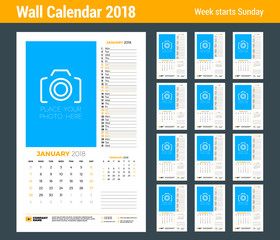 Vector calendar planner template for 2018 year. Set of 12 months. Vector design print template with place for photo. Week starts on Sunday