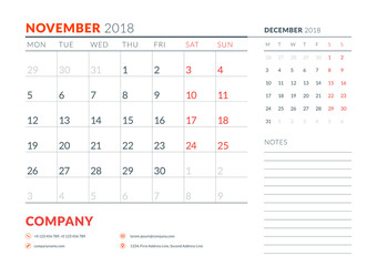 November 2018. Calendar planner design template. Week starts on Monday. Stationery design