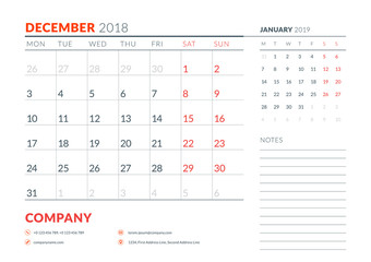 December 2018. Calendar planner design template. Week starts on Monday. Stationery design