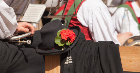 Fototapeta premium Detail of typical costume during an autumn local celebration in Val di Funes ( South Tyrol )