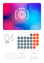 Wall calendar planner template for June 2018. Vector design print template with abstract background or place for photo. Week starts on Monday