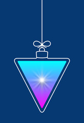 Vector hanging abstract colorful Christmas ball on a string with a bow consisting of multicolored gradient & snowflake, star on blue background