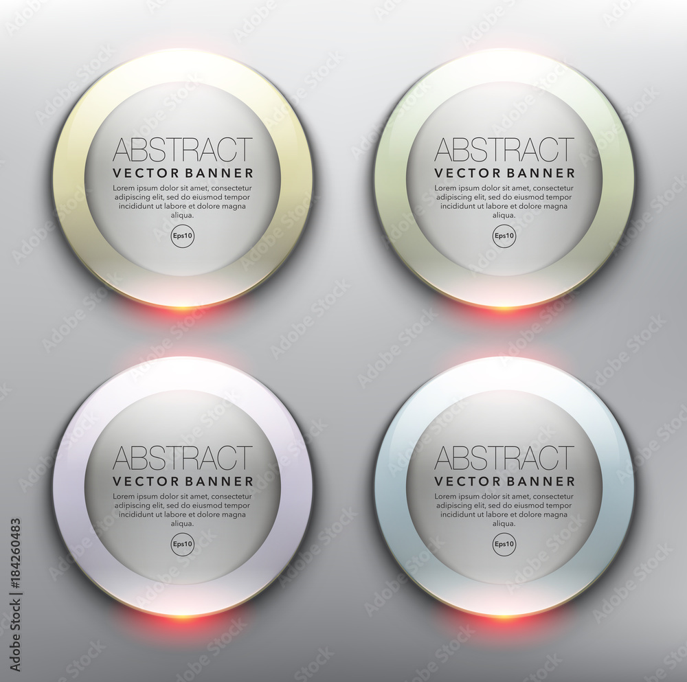 Wall mural vector glass web banners set of 4. round glossy banners with frames in pastel colors. isolated and t
