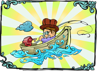cartoon hand draw illustration of young man fishing on the boot on wave of water
