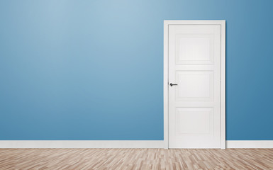 Naklejka premium Close up of closed wooden door in the empty room with copy space