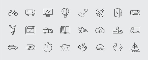 Set of Public Transport Related Vector Line Icons. Contains such Icons as Bus, Bike, Scooter, Car, balloon, Truck, Tram, Trolley, Sailboat, powerboat, Airplane and more. Editable Stroke. 32x32 Pixel
