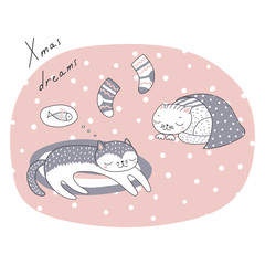 Hand drawn Christmas card with cute funny cartoon sleeping cats, dreaming of fish, stockings, quote. Isolated objects on white background. Vector illustration. Design concept kids, winter holidays.