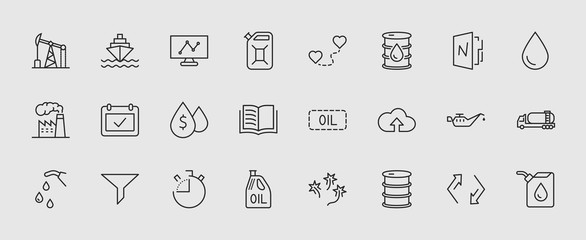 Set of Oil Related Vector Line Icons. Contains such Icons as Fuel Truck, Gas Station, Oil Factory, Transportation and more. Editable Stroke. 32x32 Pixel Perfect.
