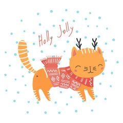 Hand drawn Christmas greeting card with cute funny cartoon cat with deer antlers, scarf, typography. Isolated objects on white background. Vector illustration. Design concept for kids, winter holidays