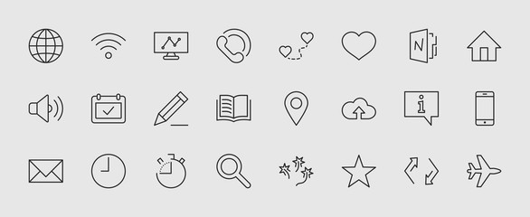 Set of Web Vector Line Icons. Contains such Icons as Globe, Wi-fi, Home, Heart, Phone, Pencil, Time Clock, Star and more. Editable Stroke. 32x32 Pixel Perfect