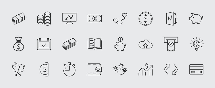 Set of Money Related Vector Line Icons. Contains such Icons as Money Bag, Piggy Bank in the form of a Pig, Wallet, ATM, Bundle of Money, Hand with a Coin and more. Editable Stroke. 32x32 Pixel Perfect