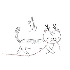 Hand drawn card with cute funny cat with deer antlers, carrying Christmas lights garland in its mouth. Isolated objects on white background. Vector illustration. Design concept kids, winter holidays.