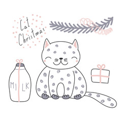 Hand drawn Christmas greeting card with cute funny cartoon cat with presents, typography. Isolated objects on white background. Vector illustration. Design concept for children, winter holidays.