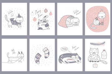 Set of hand drawn greeting cards templates with cute funny cartoon cats in hats, with deer antlers, Christmas ornaments, typography. Vector illustration. Design concept for children, winter holidays.