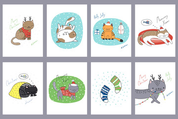 Set of hand drawn greeting cards templates with cute funny cartoon cats in hats, with deer antlers, Christmas ornaments, typography. Vector illustration. Design concept for children, winter holidays.