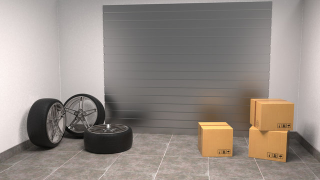 Tires and boxes in garage. Close up. 3D rendering