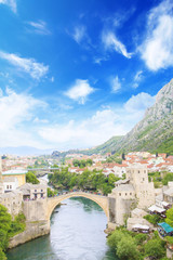 Obraz premium Beautiful view of the medieval town of Mostar from the Old Bridge in Bosnia and Herzegovina