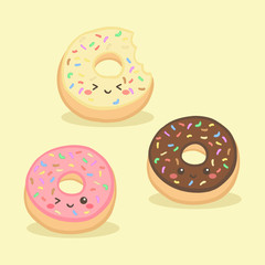 Cute Donuts Doughnut Food Vanilla Chocolate Strawberry Topping Vector Illustration Cartoon