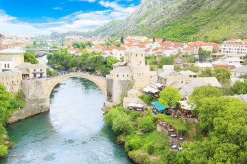 Fototapeta na wymiar Beautiful view of the medieval town of Mostar from the Old Bridge in Bosnia and Herzegovina