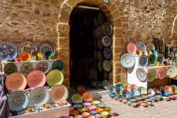 colorful pottery at moroccan shop