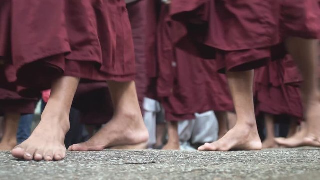 Burmese Monks Walk. Feet Close Up shot with a Sony a6300 fps29,97 4k