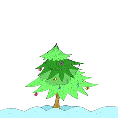 Hand drawn Christmas Tree with toys. Festive pine isolated on white.   