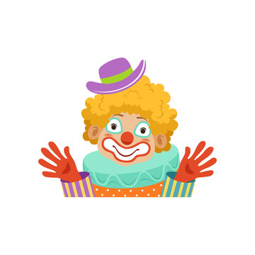 Funny circus clown showing his hands, avatar of cartoon friendly clown in classic outfit vector Illustration