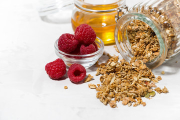 sweet granola in a jar, fresh raspberries and honey, closeup