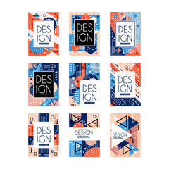 Set of Memphis style cards. Colorful abstract geometric pattern, texture design. Stylish greetings, flyers, hipster poster. Vector collection