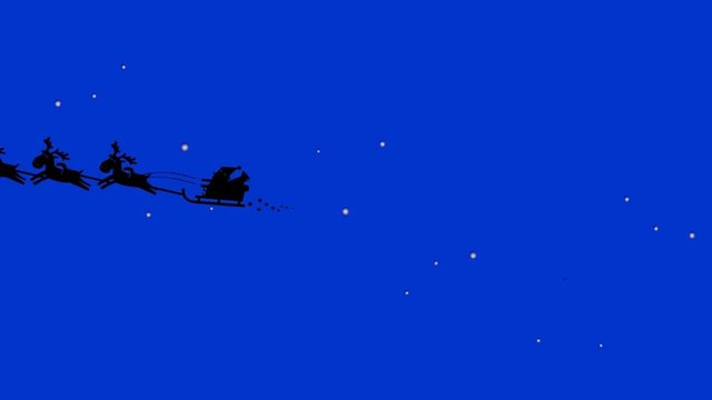 Santa Claus and his reindeers flying in the sky. Silhouette cartoon animation.