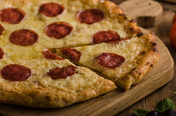Rustic pizza with tomato, cheese, salami
