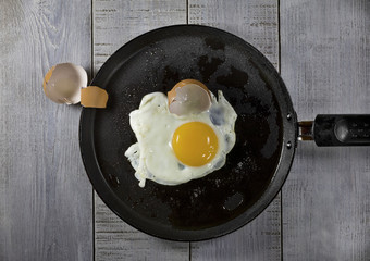 Fried eggs on a frying pan