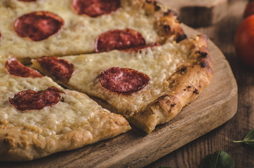 Rustic pizza with tomato, cheese, salami