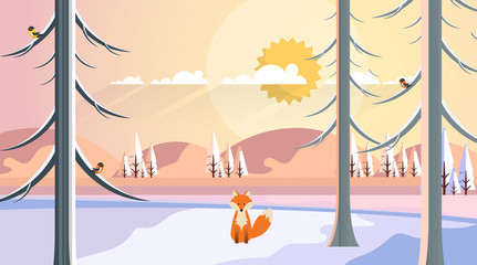 Winter Landscape with Fox in Flat Style Illustartion