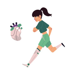 vector flat bionic futuristic mechanical prosthesis concept icon set. Young girl character with iron robotic hand running, mechanic heart. Isolated illustration, white background