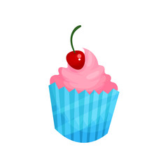 Pink cupcake with cherry cartoon vector Illustration