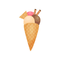 Mixed ice cream scoops in waffle cone, summer time product cartoon vector Illustration