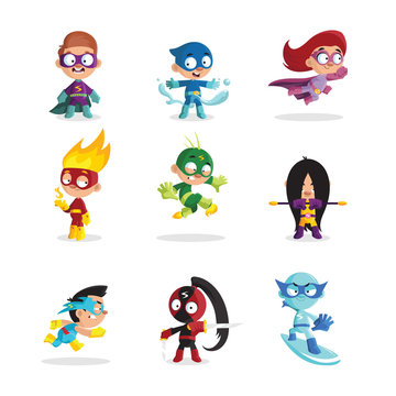 Kids in colorful superhero costumes set, funny boys and girls characters cartoon vector Illustrations