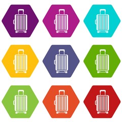Suitcase on wheels icon set color hexahedron