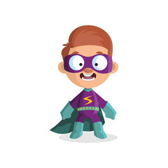 Cute funny boy character in colorful superhero costume cartoon vector Illustration