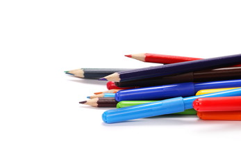 Colorful felt pen markers and pencils  isolated on white background